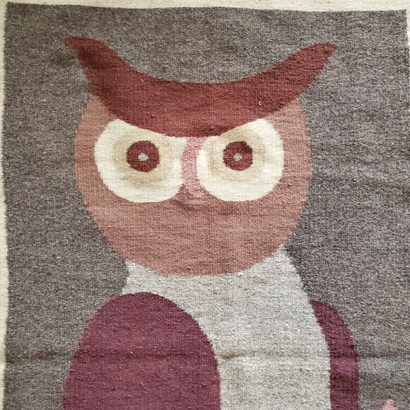 70s Mexican Owl Rug Wall Tapestry Boho Neutral Beige Mauve Hippie Art Decor VTG - Picture 2 of 8